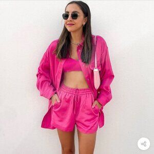 Casual Long Sleeve Hidden Placket Shirt Short Set - Hot Pink / Reddish